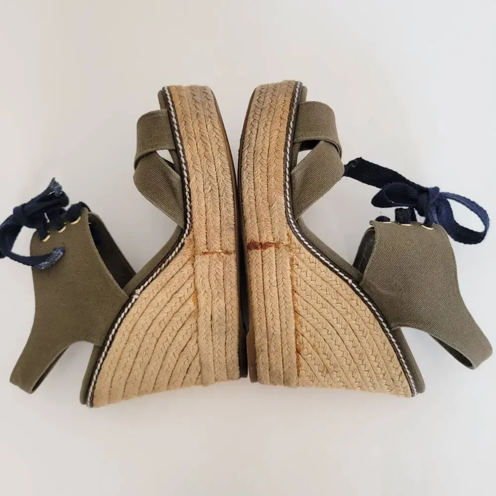 Tory Burch Lace Up Espadrille Wedge Sandals Olive Green Platform Women 9